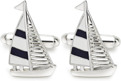 Mr.Van Navy Blue Sail Boat Cufflinks Classic Fashion Modern Stripe Cufflinks Blue and Silver...