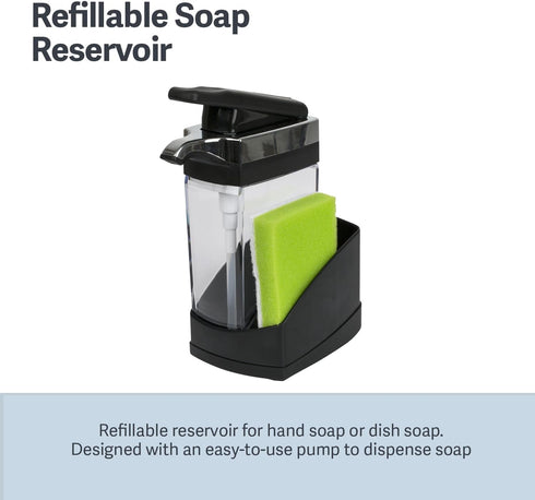 Casabella Sink Sider Solo Kitchen Soap Pump and Sponge Caddy, Black/Chrome - 2-in-1 Soap and Sponge Caddy, One-Hand Soap Dispensing, Ergonomic Des...