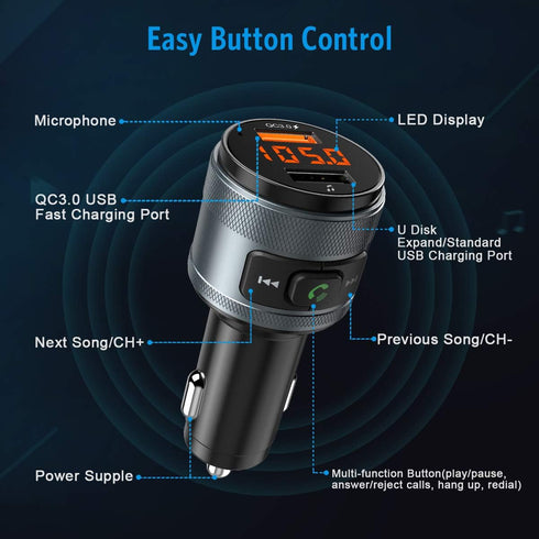 Criacr Bluetooth FM Transmitter for Car, Wireless Radio Transmitter Adapter Car Kit, MP3 Music Player, Dual USB Ports, QC3.0 Quick Charging, Hands...