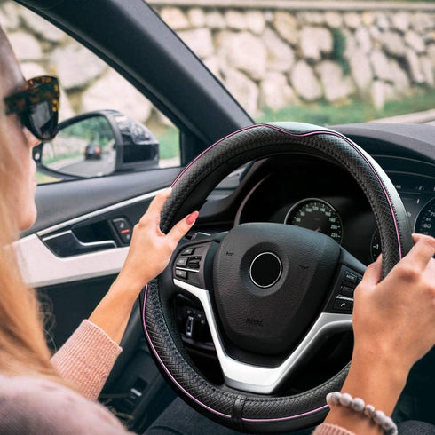 Microfiber Leather Steering Wheel Cover Anti-Slip Matte Finish Auto Car Wheel Cover Universal 15 Inch Wheel Cover for Car Embossing Pattern (Pink ...
