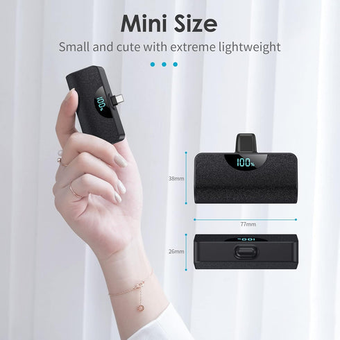 Mini Portable Charger USB-C Power Bank 5200mAh,Ultra Compact LCD Display Battery Pack Backup Charger Compatible with iPhone 15/15 Plus/15 Pro/15 P...