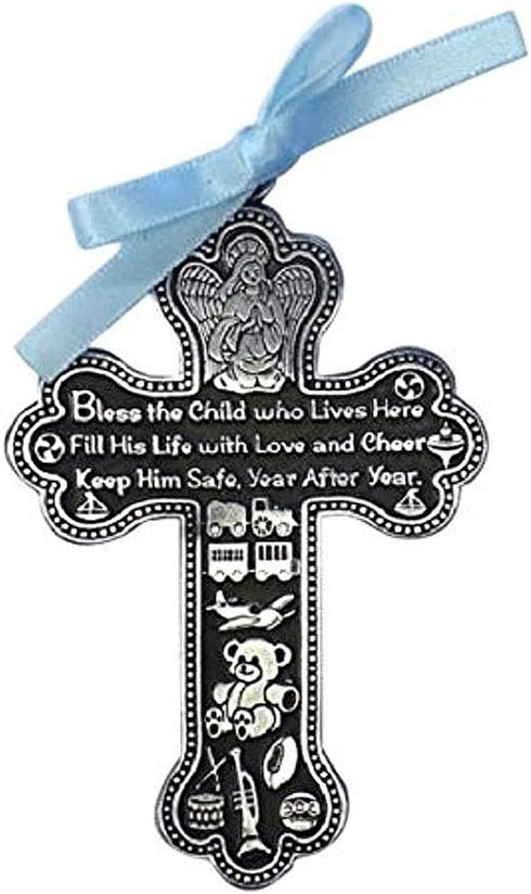 Boy's Pewter Bless This Child Guardian Angel Baptism Crib Medal, 4 Inches...