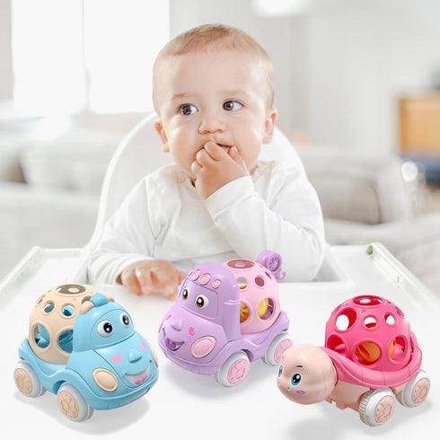 Pink Toy Car for Baby Girl Gifts, Push Toys Wind Up Cars for Toddler Girls, Rattle Cars for Babies, Pink Trucks for Toddlers 1-3 Infant Girls, Sof...