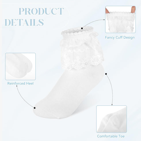 2 Pair Frilly Ankle Socks Women Lace Ruffle Frilly Socks for Women Pearls Ankle Ruffled Socks Pearl Lace Ankle Socks Cute Cotton Socks Communion S...