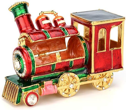 Mini Steam Train Jewelry Trinket Box Hinged Enameled Crystal Ornaments Gift for Home Decor...