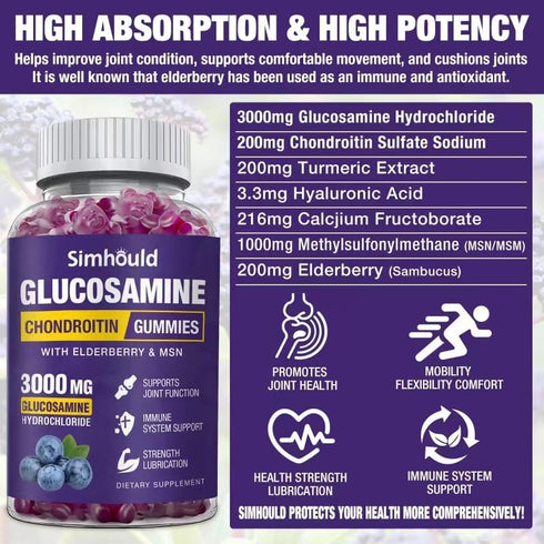 Glucosamine Chondroitin Gummies - 3000MG Extra Strength Joint Support Supplement with MSM & Elderberry, Flexibility, Antioxidant Immune Support Gu...
