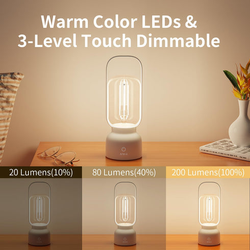 Retro Cordless Lantern Table Lamp, 40 Hours Long Lasting Dimming Night Light, Small Rechargeable Battery Operated Light for Nightstand, Decoration...
