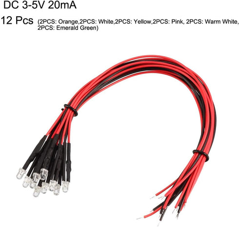 uxcell 12pcs Mixed Colour 3mm LEDs Prewired Light DC3-5V 20cm Pre Wired LED...