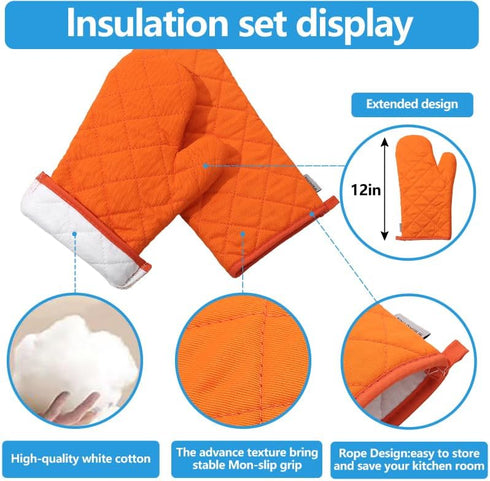 Oven Mitts and Pot Holders 4 pcs Set,High Heat Resistant 500 Degree Extra Thicken Long Kitchen Cotton Oven Glove for Cooking (12 Inch,Orange)…...