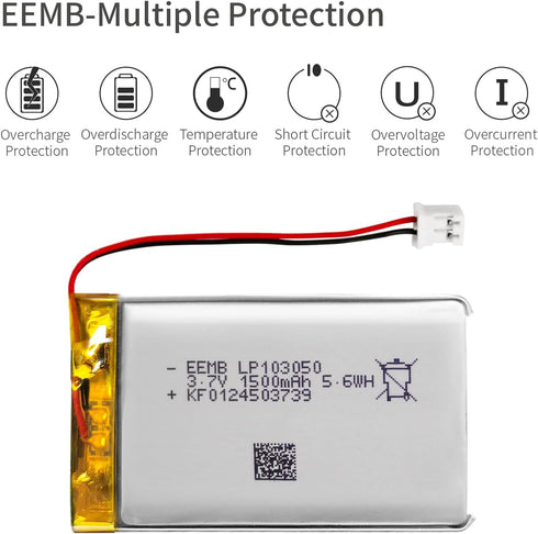 EEMB Lithium Polymer Battery 3.7V 1500mAh 103050 Lipo Rechargeable Battery Pack with Wire JST Connector for Speaker and Wireless Device- Confirm D...