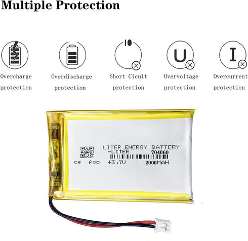 Liter Energy Battery 3.7V Lipo Battery 2000mAh Rechargeable Lithium ion Polymer Battery 704060 Lithium Polymer ion Battery with JST Connector...