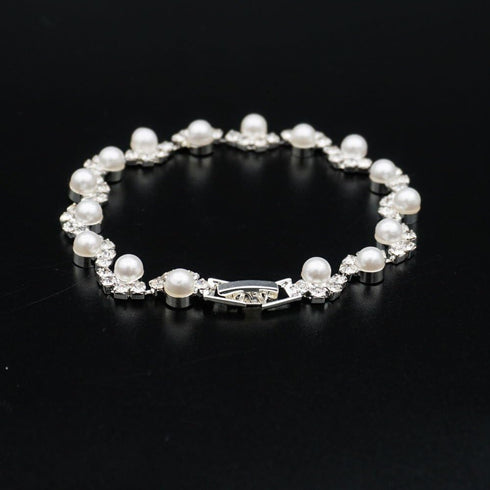 JSEA Womens 4mm Faux Pearl Wave Link Bracelet Silver Tone Rhinestone Bracelets Ladies...