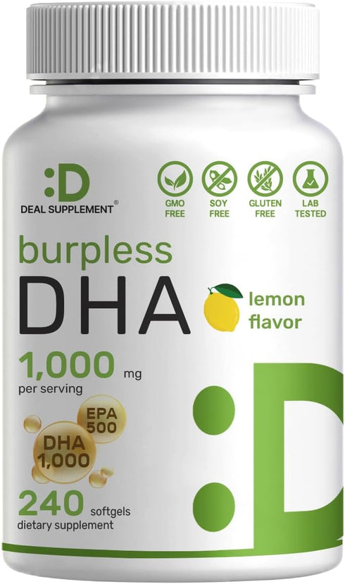 DEAL SUPPLEMENT DHA Supplements | 240 Softgels, Burpless, Lemon Flavor, DHA 1000mg + EPA 500mg, Wild Caught Fish, Rich in Omega-3s, Mercury Free, ...