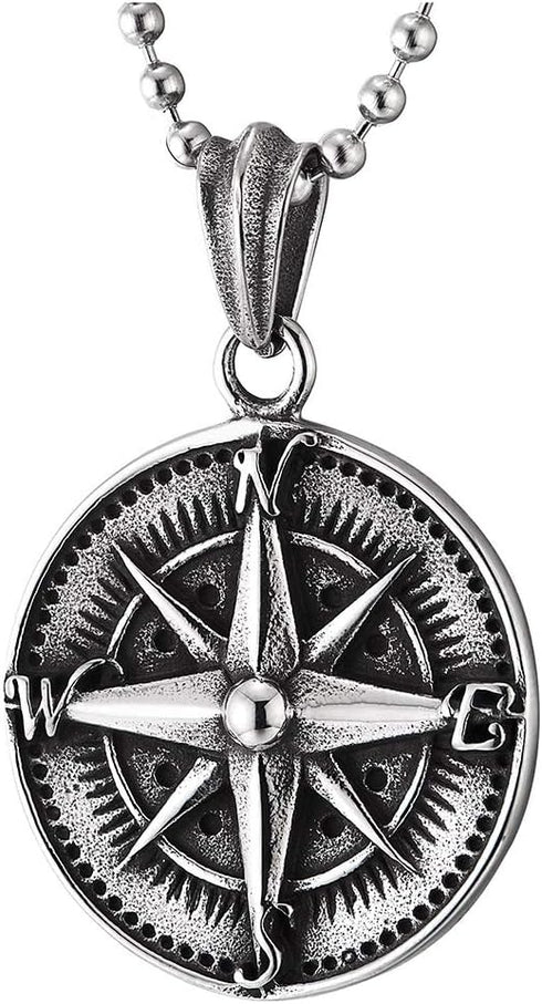 COOLSTEELANDBEYOND Mens Women Stainless Steel Vintage Compass Circle Medal Pendant Necklace, 23.6 inches Ball Chain...
