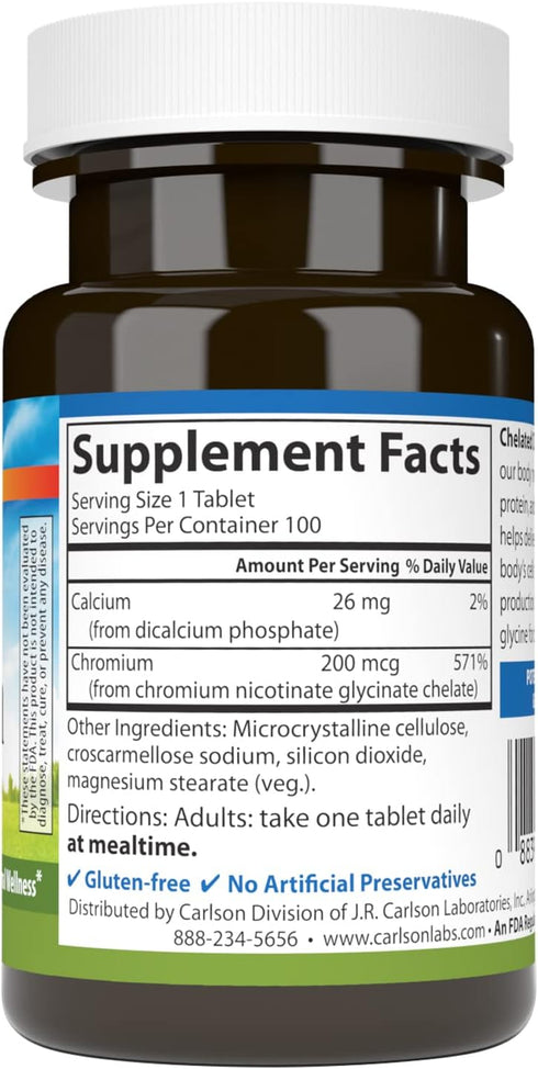 Carlson Chelated Chromium 200 mcg Superior Absorption - Healthy Metabolism Energy Production & Optimal Wellness - 100 Tablets...