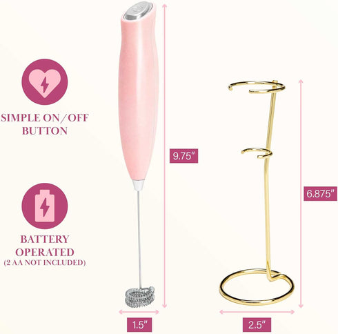 Paris Hilton Electric Handheld Milk Frother with Double Coil Head Whisk and Gold Metal Stand, Battery Powered (2 AA Batteries Required but Not Inc...