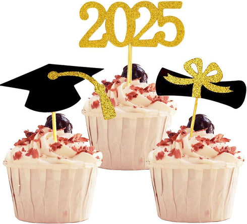 2025 Graduation Cupcake Toppers, 48 PCS Food/Appetizer Picks For Graduation Party Mini Cake Decorations, Diploma, 2025, Grad Cap Set 48 Pieces (01...