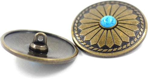 Bezelry 8 Pieces Diamond Flower Assembled with Artificial Turquoise Metal Shank Buttons. 33mm(1-5/16 inch) (Antique Brass)...
