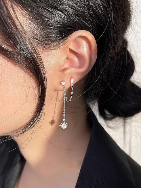 Star 925 Sterling Silver Double Piercing Earrings Huggie Cuff Chain for Women Teen Girls 2 Holes CZ Charm Dangle Drop Small Hoop Earrings Cartilag...