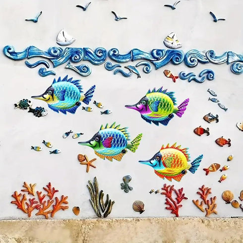 HHgrowe Metal fish art wall decor ocean beach swimming pool garden decoration indoor and outdoor home hanging decoration Sculpture Statue 4PC...