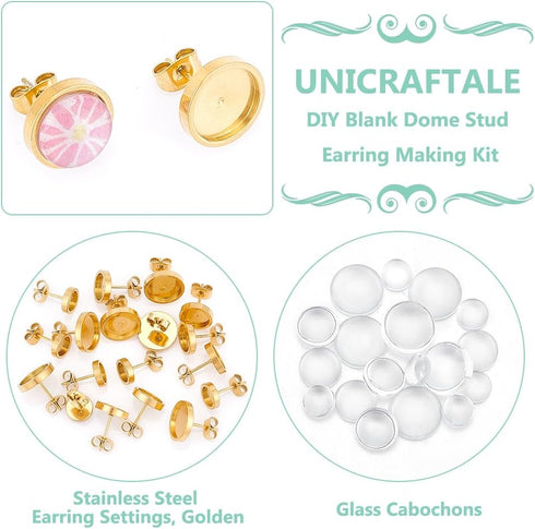 UNICRAFTALE 18 Sets 3 Sizes Stainless Steel Stud Earring Findings Stud Earring Cabochons Tray 6/8/10mm Golden DIY Blank Dome Earring Making Kits w...