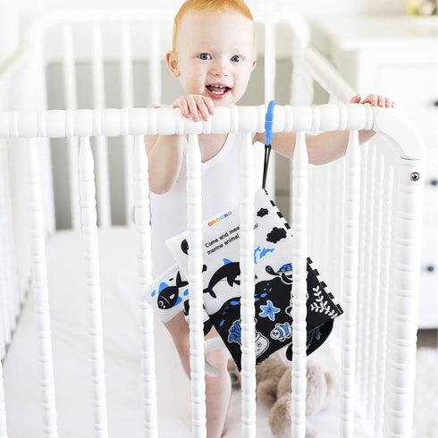 OKOOKO Soft Baby Book Black and White High Contrast Marine Animals Tails Book Bath Book Montessori Sensory Stroller Toy Non-Toxic Crinkle Washable...