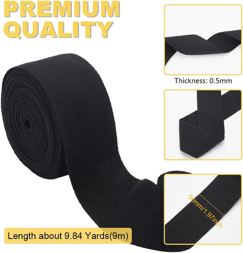 BENECREAT 9.84 Yards Cotton Twill Tape Ribbon, 2 Inch Wide Black Herringbone Cotton Ribbon Soft Natural Webbing Tape Roll for DIY Craft Sewing, Ha...