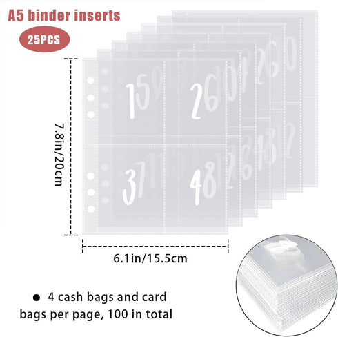 25 Pack A5 Binder Sleeves 100 Envelopes Money Saving Challenge A5 Money Saving Binder, Pouches Either Labeled 1-100 Money Pouches for Cash Stuffin...