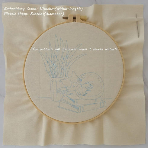 Esffaci Embroidery Starter Kit for Adult Beginner with Sleepy Cat Plant Books Pattern Stamped Cross Stitch Set with Embroidery Cloth Hoop Needle T...