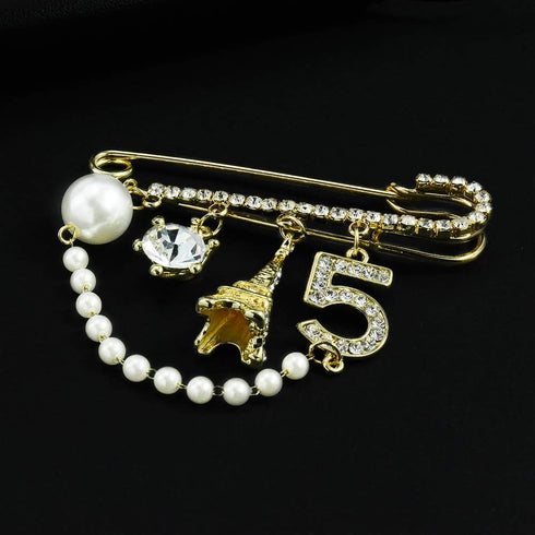 Vintage Crown Number 5 Lapel Pins and Brooches for Women Rhinestone Jewelry with Simulated Pearl...