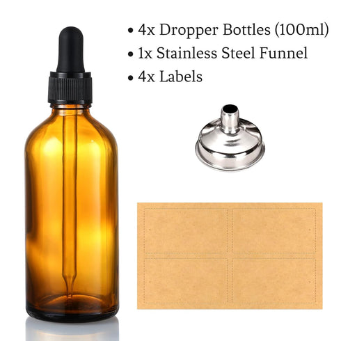 AOZITA 4 Pack, 100ml Dark Amber Dropper Bottles with 1 Funnels & 4 Labels - 3.4oz Brown Glass Tincture Bottles with Eye Droppers for Essential Oil...