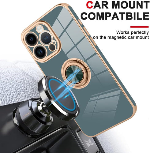 KANGHAR Case Designed for iPhone 15 Pro Max with Phone Ring Stand Full Body Protection Plated Rose Gold Edge Luxury Case for Women Men-Granny Gray...