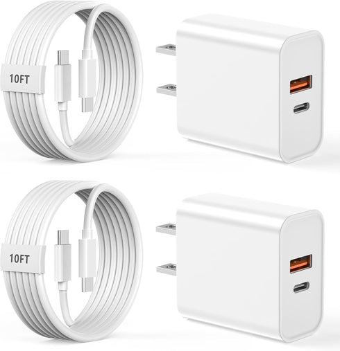iPhone 15 Charger Fast Charging, 2 Pack 20W Dual Port PD+QC3.0 Wall Charger Block with 10FT Long USB C to C Charger Cable Compatible for iPhone 15...