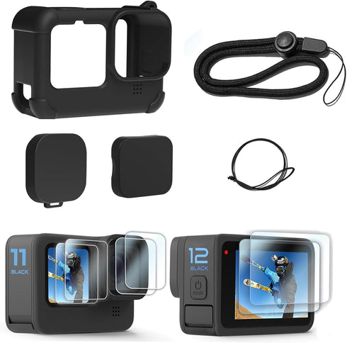 FiTSTILL Silicone Rubber Case+(6pcs) Tempered Glass Protector Compatible for Go Pro Hero12/Hero11/Hero10/Hero9 Black,Soft Sleeve Cage Housing with...
