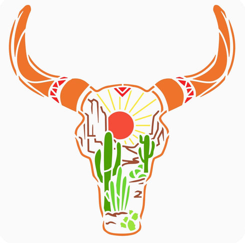 FINGERINSPIRE Cow Skull Painting Stencils 11.8x11.8 inch Plastic Desert Landscape Drawing Painting Stencils Bull Skull & Cactus Sun Pattern Stenci...