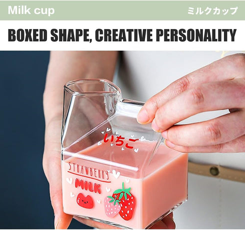 Kawaii Glass Milk Carton Cup Microwavable 12 Oz Cute Milk Cups Mini Creamer Container Strawberry Square Breakfast Mug Glass Creamer Pitcher with G...