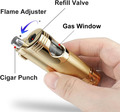 Cigar Torch Lighter with Punch Butane Refillable Lighters 2 Jet Flame Torch Strong Windproof Without Gas (Gold)...