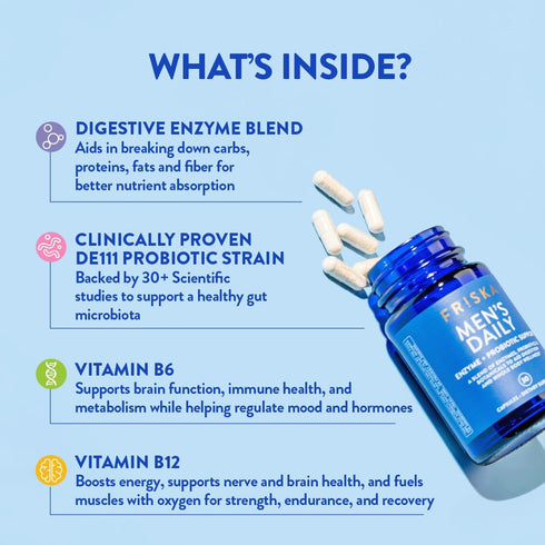 FRISKA Men’s Daily Digestive Enzyme and Probiotics Supplement, Natural Support for Male Digestive Health, Bloating, Gas, Indigestion Relief, Suppo...