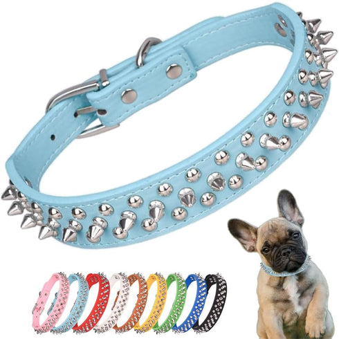 Spiked Dog Collar Soft Pu Leather Mushrooms Rivet Spike Studded Puppy Adjustable Cat Collars Light Blue XL...
