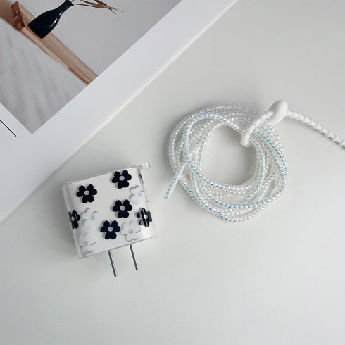 for Apple 20W USB-C Power Adapter Charger Protective Case with USB Lightning Cable Cover,Cute Women Flower Floral Data Cable Phone Charger Data Li...
