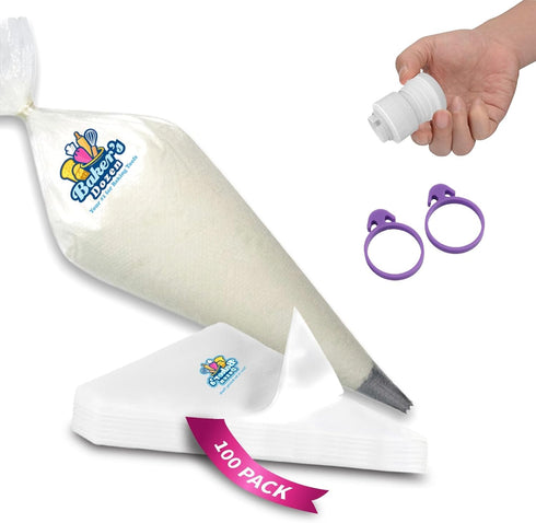 100 Pastry Bags 16 IN | Heavy Duty Piping Bags with Extra Thickness | Disposable Icing Bags with 1 Coupler and 2 Ties | Cake Decoration Piping Bag...