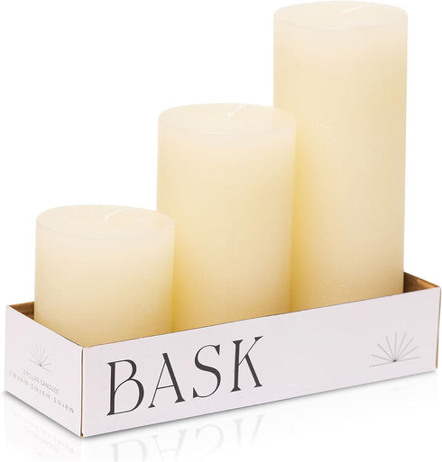 BASK Mottled Pillar Candles - Unscented Ivory Pillar Candles Set of 3 - Dripless, Smokeless for All Occasions...