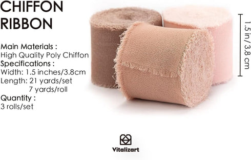 Vitalizart 3 Rolls Handmade Fringe Chiffon Silk Ribbon 1 1/2 Inch x 7Yd Dusty Rose Ribbons Set for Wedding Invitations Bridal Bouquets Gifts Wrapp...