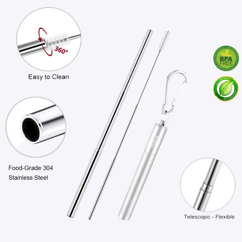 2 Pack Reusable Metal Straws Collapsible Stainless Steel Drinking Straw Travel Portable Telescopic Straw with Case,2 Cleaning Brushes Included Bla...