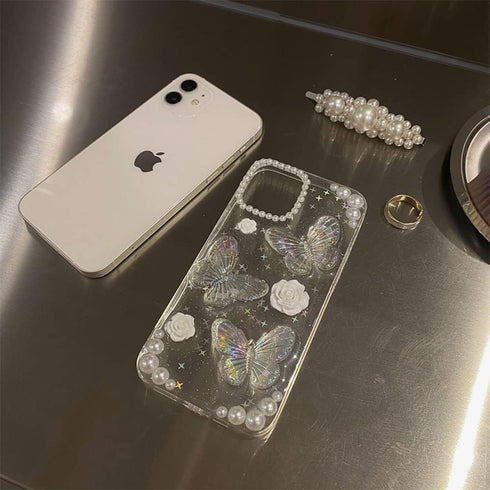 for iPhone 12/12 Pro Case with Phone Charm Chain 3D Butterfly Flower Cute Phone Case,Crystal Clear Pearl Case for iPhone 12/12 Pro Women Girl...