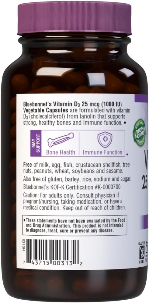 Bluebonnet Vitamin D3 1000 IU Vegetable Capsules, 180 Count...