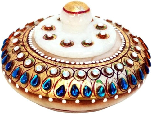 Kumkum Sindoor Dani Dabbi Holder in Marble Embellished with Rich Blue Kundans...