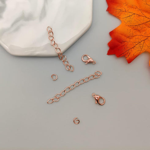 100pcs Alloy Lobster Clasps+100pcs Extension Chains with 100pcs Jump Rings Kit, Rose Gold Lobster Claw Clasps Open Jump Ring Tail Chain for Neckla...