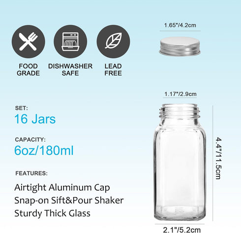 AuroTrends Spice Jars with Labels 6oz 16Pack, Glass Spice Jars with Shaker Lids Complete Set-6oz Seasoning Containers with 180 Waterproof Spice La...