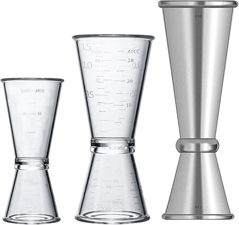 Double Clear Plastic and Stainless Steel Japanese Style Jigger, Set of 3, Cocktail Measuring Shot Glasses Drink Spirit Measure Cup for Bar Party K...